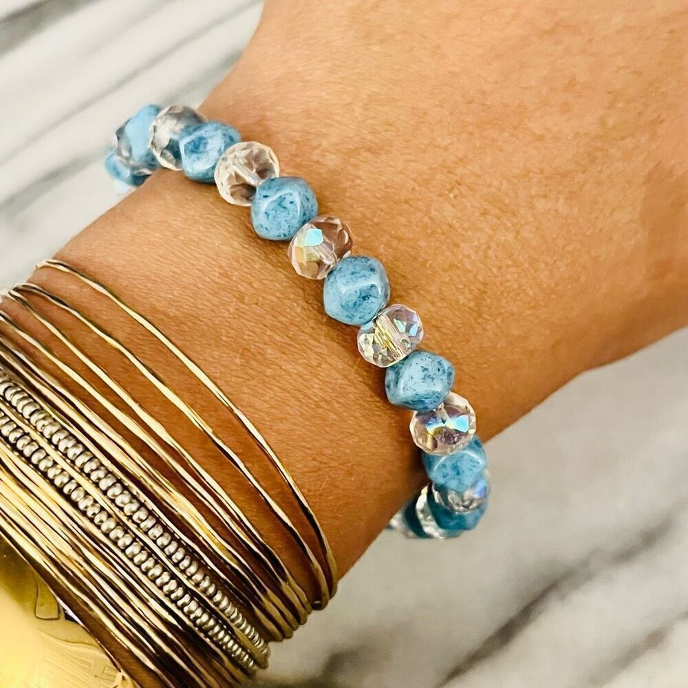 Semiprecious Stone Art Glass‎ Beaded Bracelet Blue Clear AB Faceted Beads